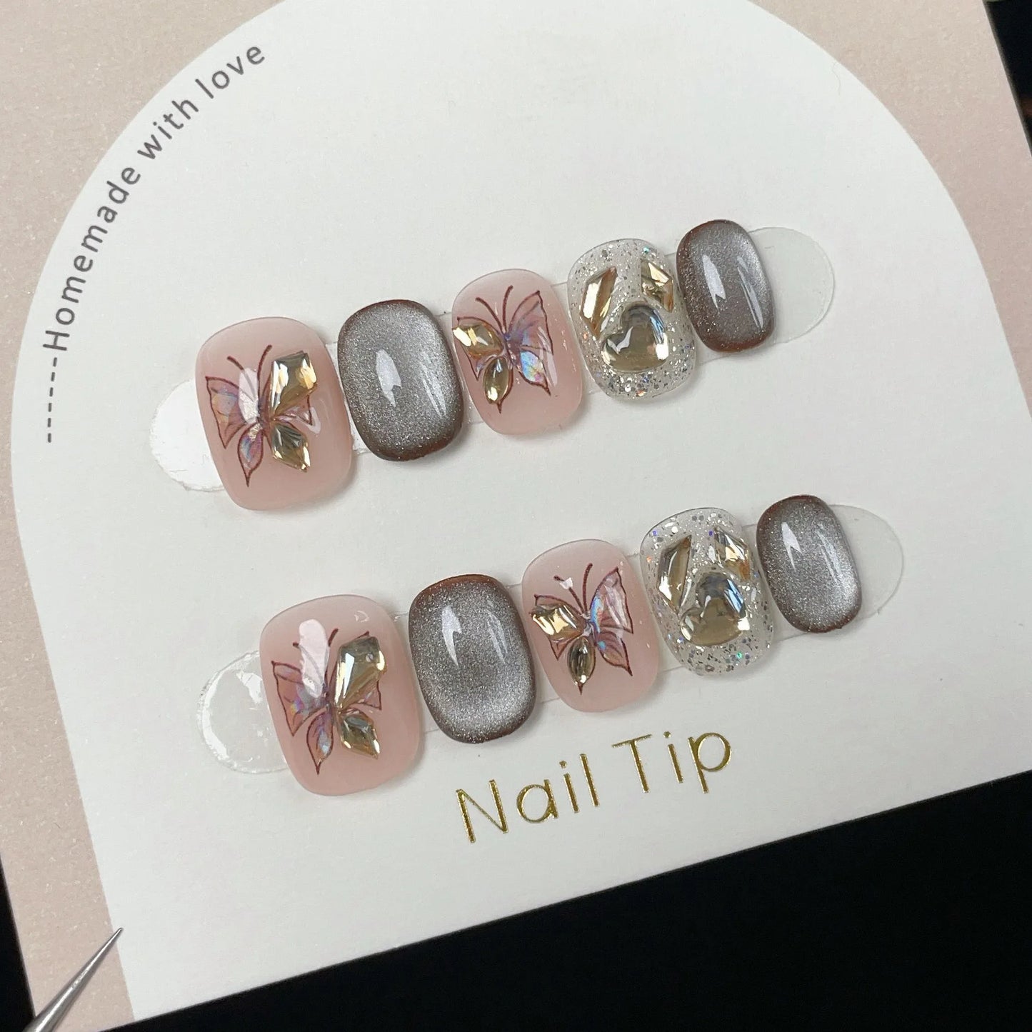 10pcs/set Handmade Dreamy Blue Press-On Nails Short Ballet Shape Gradient & Ombre Design Glossy Finish Removable False Nail Tips