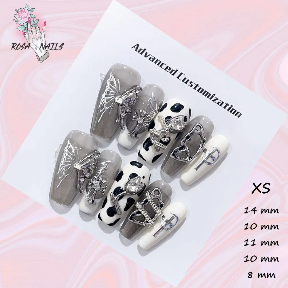 New Silver Star Press on Nails with Glue Handmade Flash Rhinestone Reusable Artificial Fake Tips Diamond Black Short False Nails