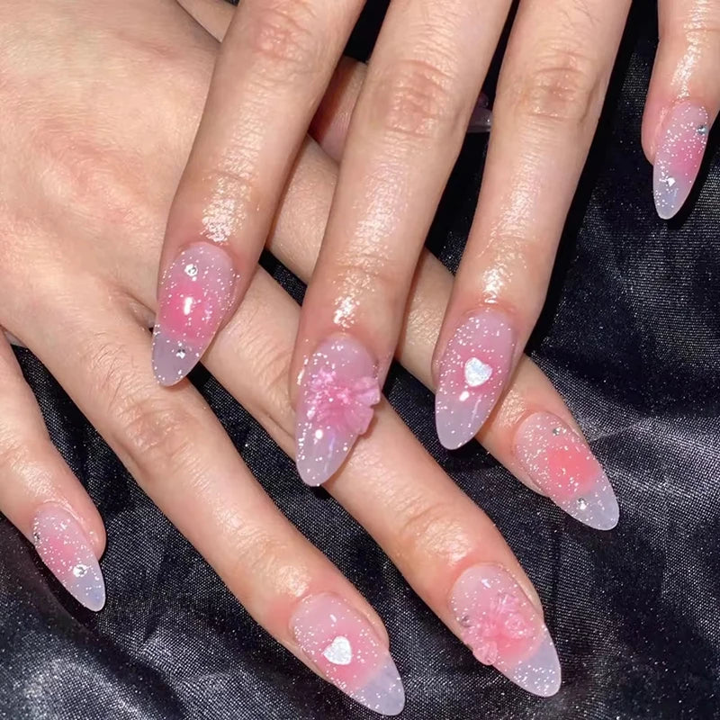 24Pcs Pink Cloud Sweet Star Moon Acrylic Nails Press on Almond Wearable Full Cover False Nails Art Tips Fingernail Beauty