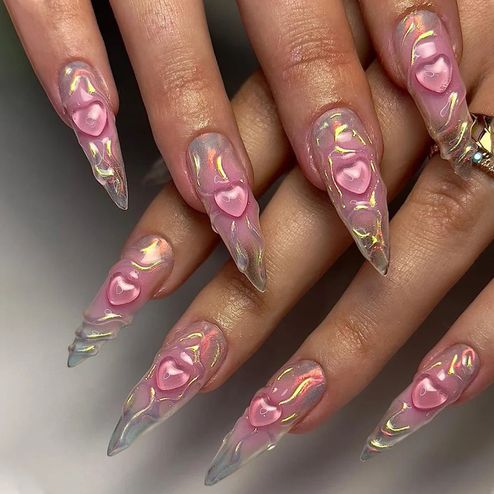 24pcs Baroque Style False Nails with Gold Moon Star Design Almond Fake Nail Patches Wearable Heavy Metal French Press on Nails