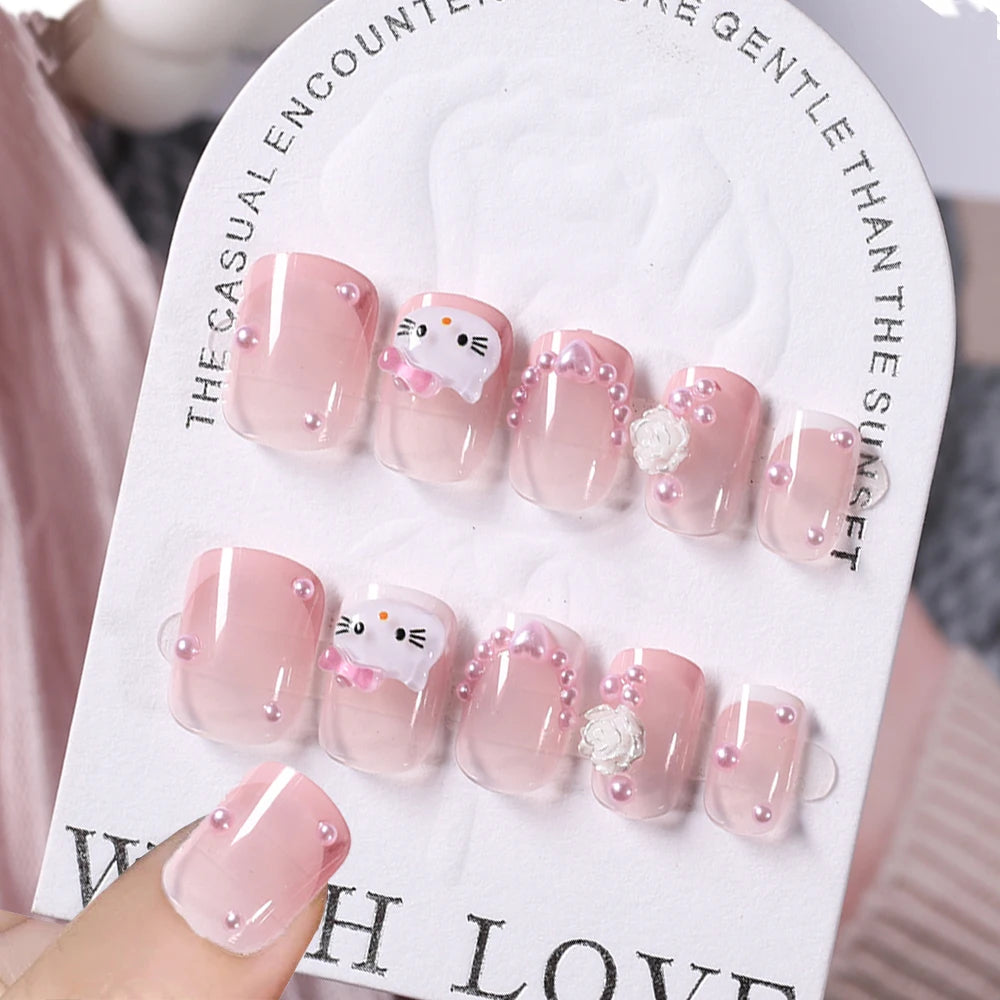 24Pcs Sanrio Blue Cinnamoroll Fake Nails Cute Anime Cartoon Kuromi My Melody press on False nails Fashion Nail Patches for Girls