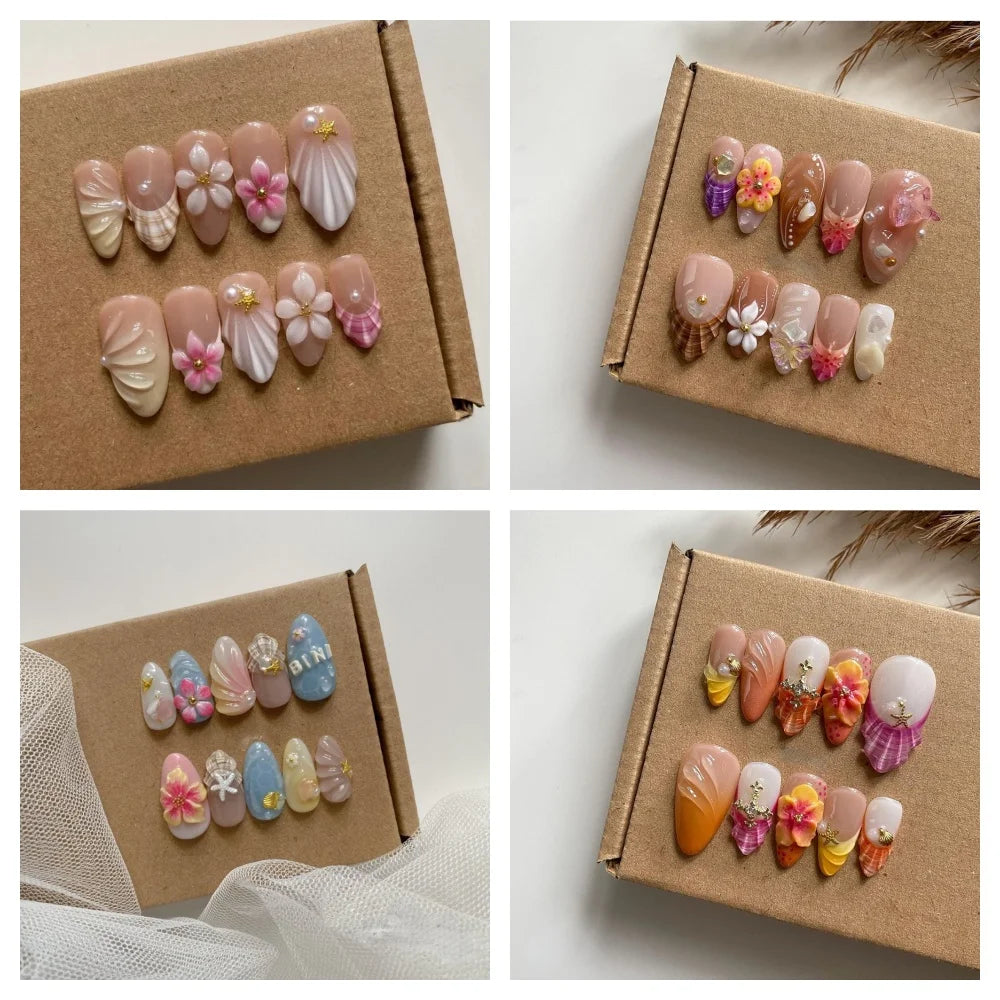 10Pcs Manicure Handmade Art Acyrlic Press on Nails Medium Almond Pattern ABS Nails Cute 3D Flower Style Design Nail with Set