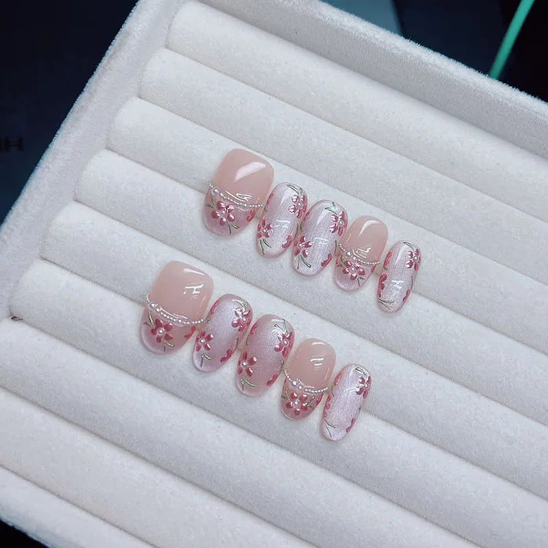 10Pcs Handmade Press on Nails Short Oval Flowers Blooming Pearl Chain False Nail for Women&Girl Removable Wearable Nail Art