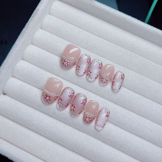 10Pcs Handmade Press on Nails Short Oval Flowers Blooming Pearl Chain False Nail for Women&Girl Removable Wearable Nail Art
