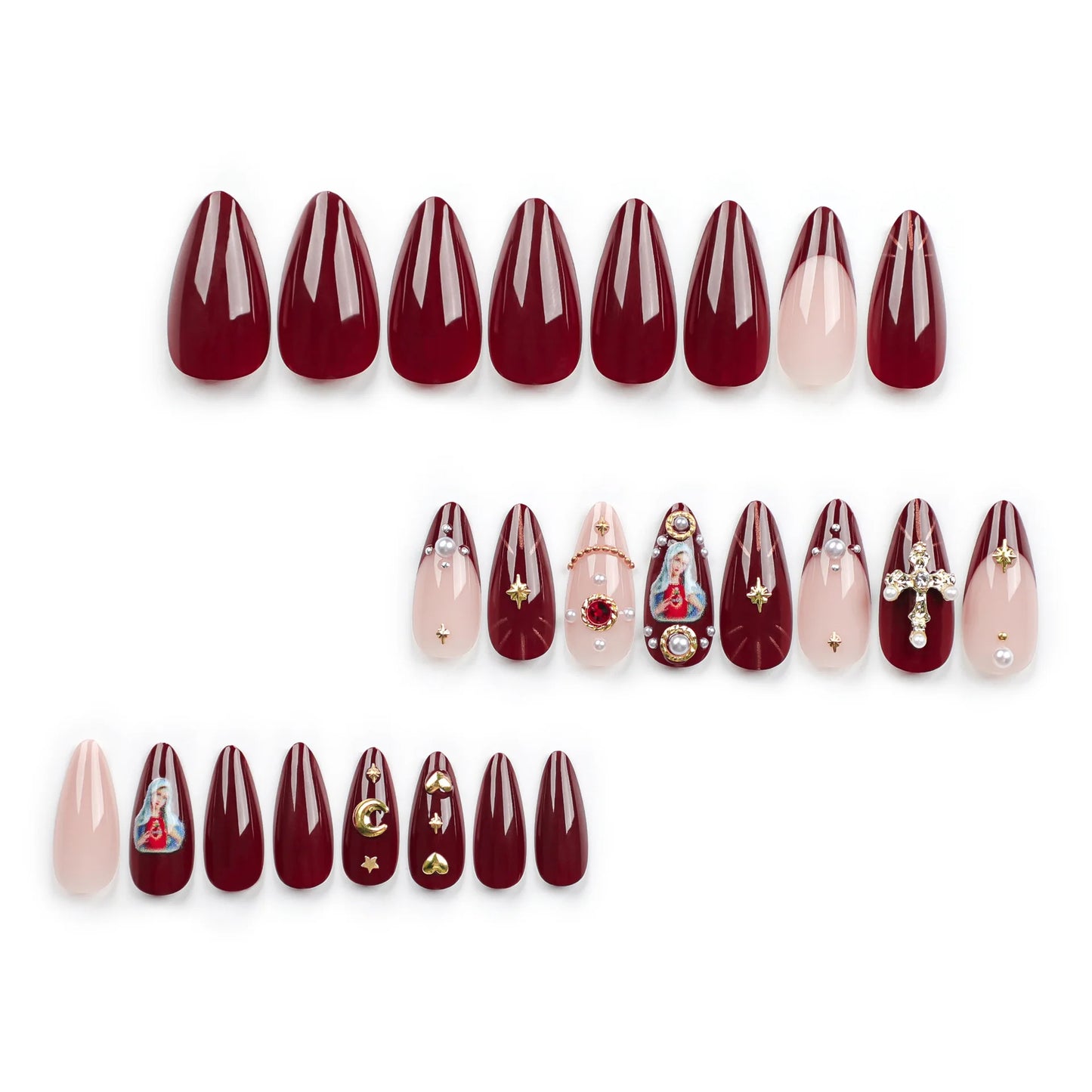 24pcs Baroque Style False Nails with Gold Moon Star Design Almond Fake Nail Patches Wearable Heavy Metal French Press on Nails