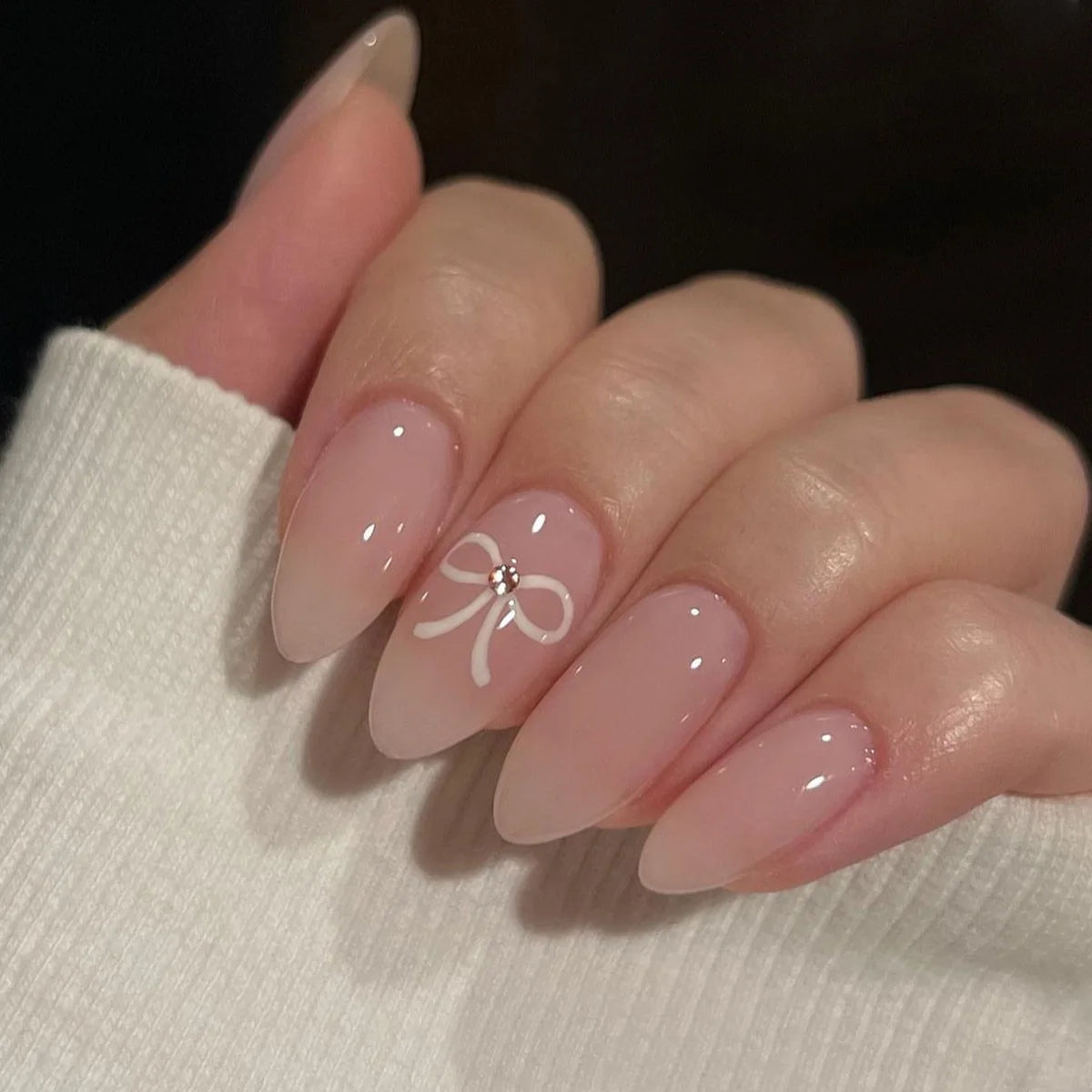 24Pcs Pink Cloud Sweet Star Moon Acrylic Nails Press on Almond Wearable Full Cover False Nails Art Tips Fingernail Beauty