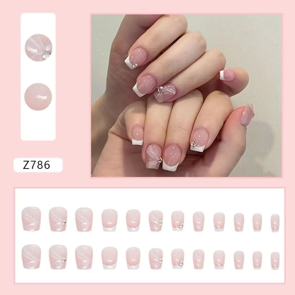 24pcs Short Round False Nails French Blue Sparkling Pearl White Wavy Love Heart Full Cover Detachable Press On Nail Tips