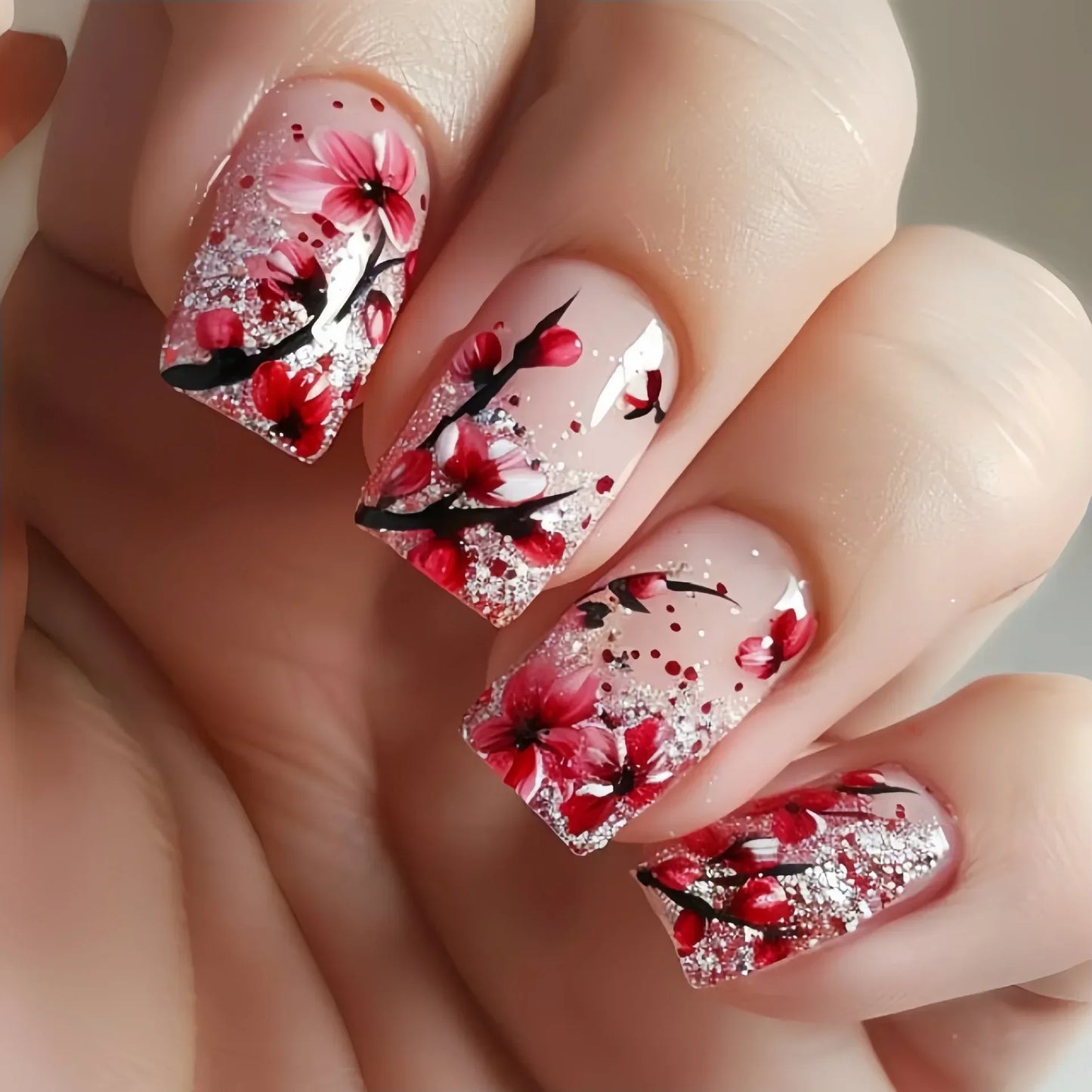 24Pcs Mini Flower Press on Nails Short Square False Nail Gradient Glitter Floral Fake Nail French Nails Press Ons Sweet Nail Art