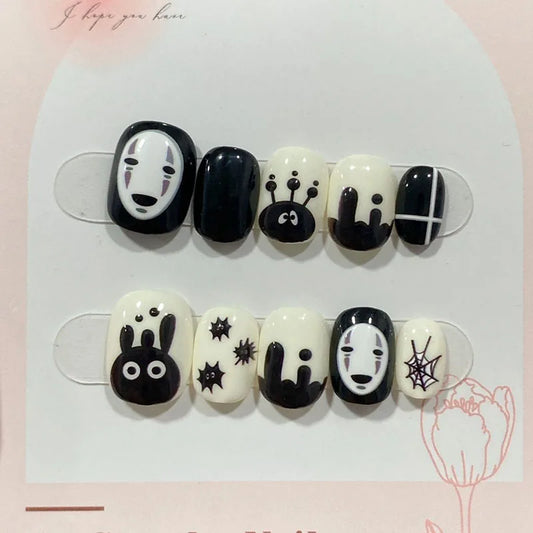 Black Handmade Short Press On Nails Full cover Cute Cartoon Manicuree Decoration Wearable Full With Design Acrylic Nail For Girl