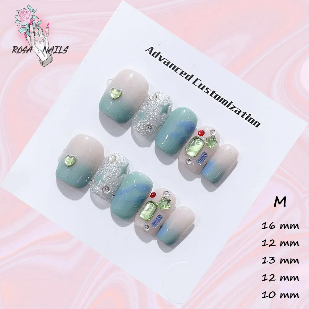 New Silver Star Press on Nails with Glue Handmade Flash Rhinestone Reusable Artificial Fake Tips Diamond Black Short False Nails
