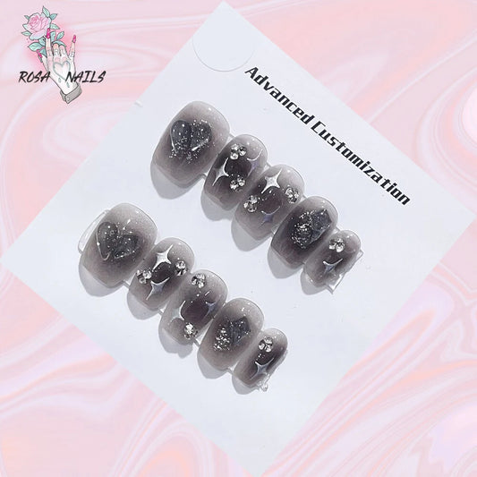 New Silver Star Press on Nails with Glue Handmade Flash Rhinestone Reusable Artificial Fake Tips Diamond Black Short False Nails