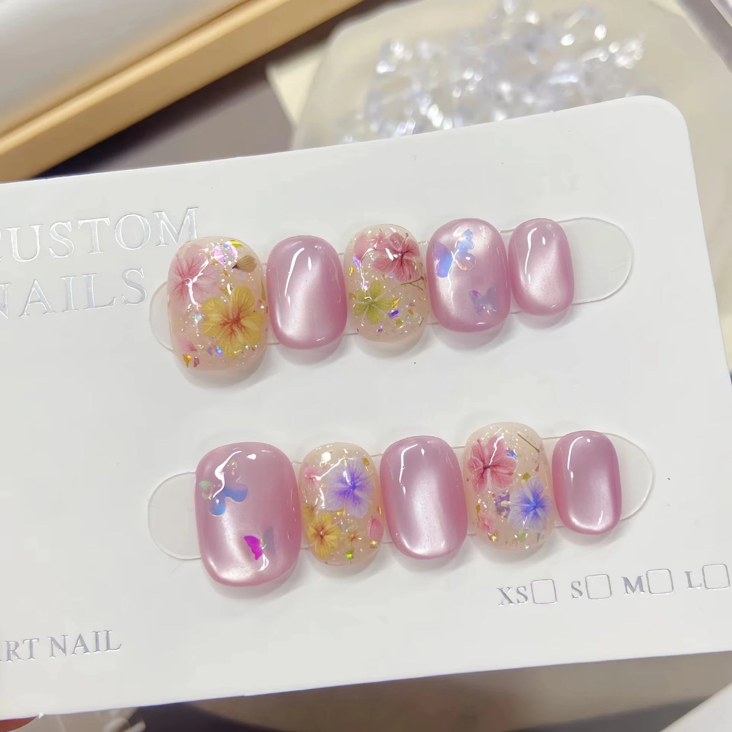 10pcs Handmade Press on Nail Ice Blue Ocean Star Ice-transparent Texture False Nail for Women&Girl Short Oval Wearable Nail