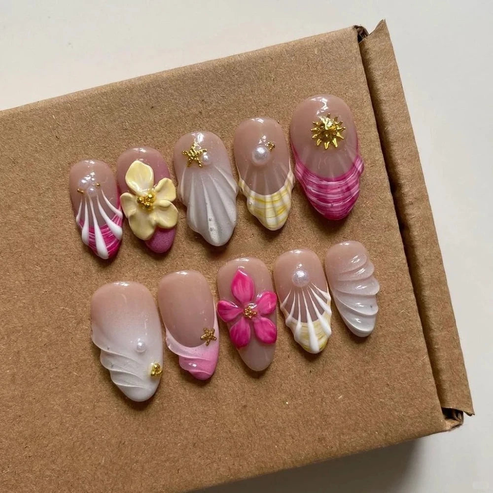 10Pcs Manicure Handmade Art Acyrlic Press on Nails Medium Almond Pattern ABS Nails Cute 3D Flower Style Design Nail with Set
