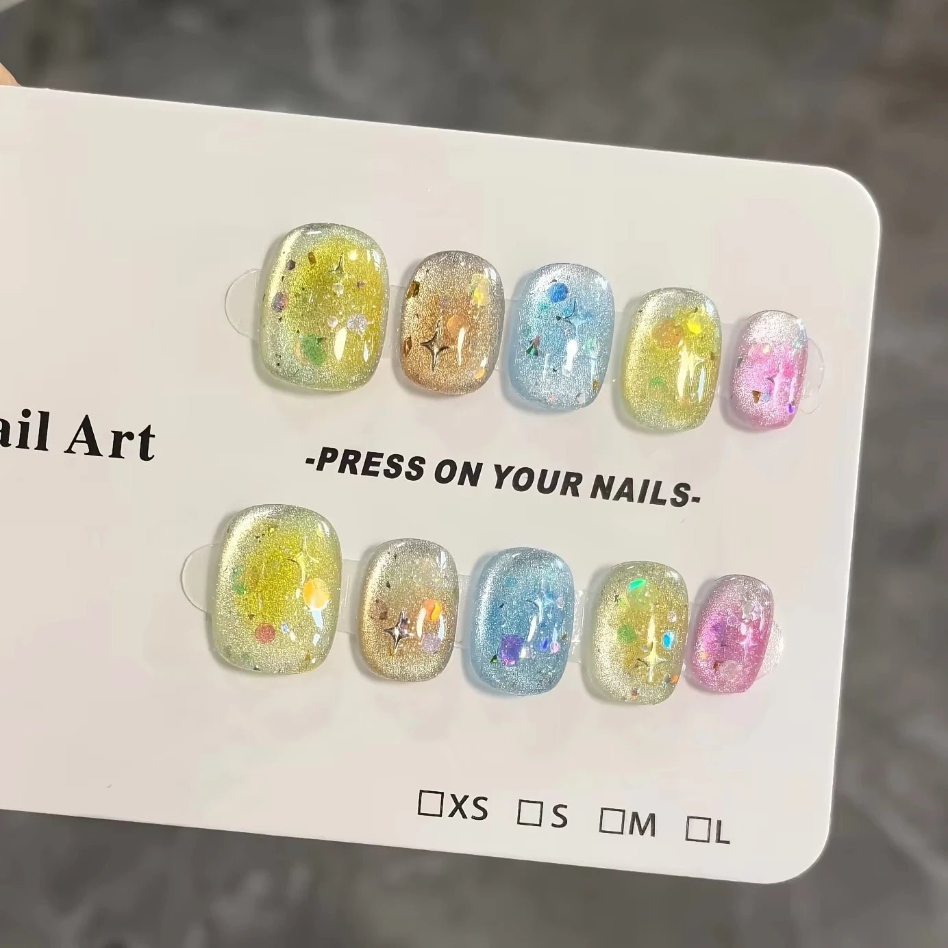 10pcs Handmade Press on Nail Ice Blue Ocean Star Ice-transparent Texture False Nail for Women&Girl Short Oval Wearable Nail