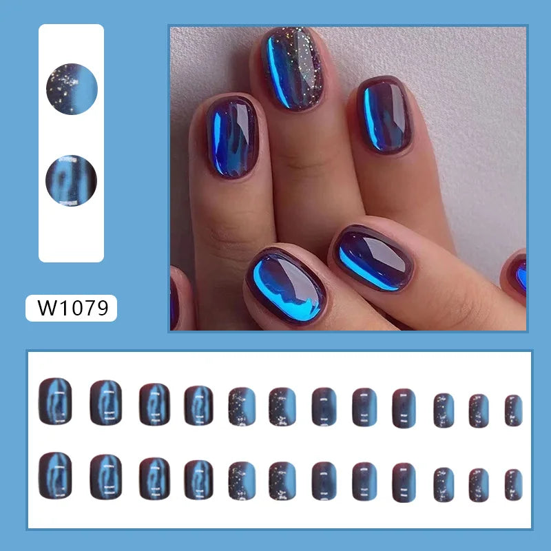 24pcs Short Round False Nails French Blue Sparkling Pearl White Wavy Love Heart Full Cover Detachable Press On Nail Tips