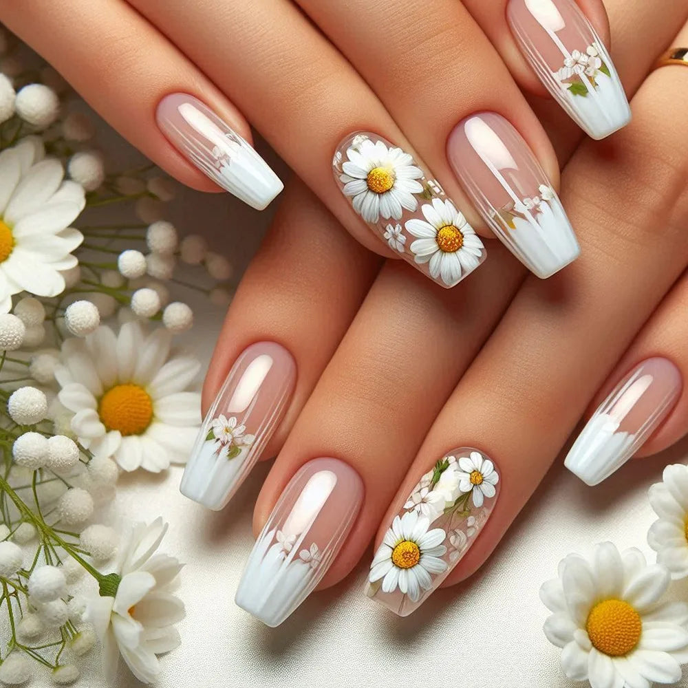 24Pcs Mini Flower Press on Nails Short Square False Nail Gradient Glitter Floral Fake Nail French Nails Press Ons Sweet Nail Art