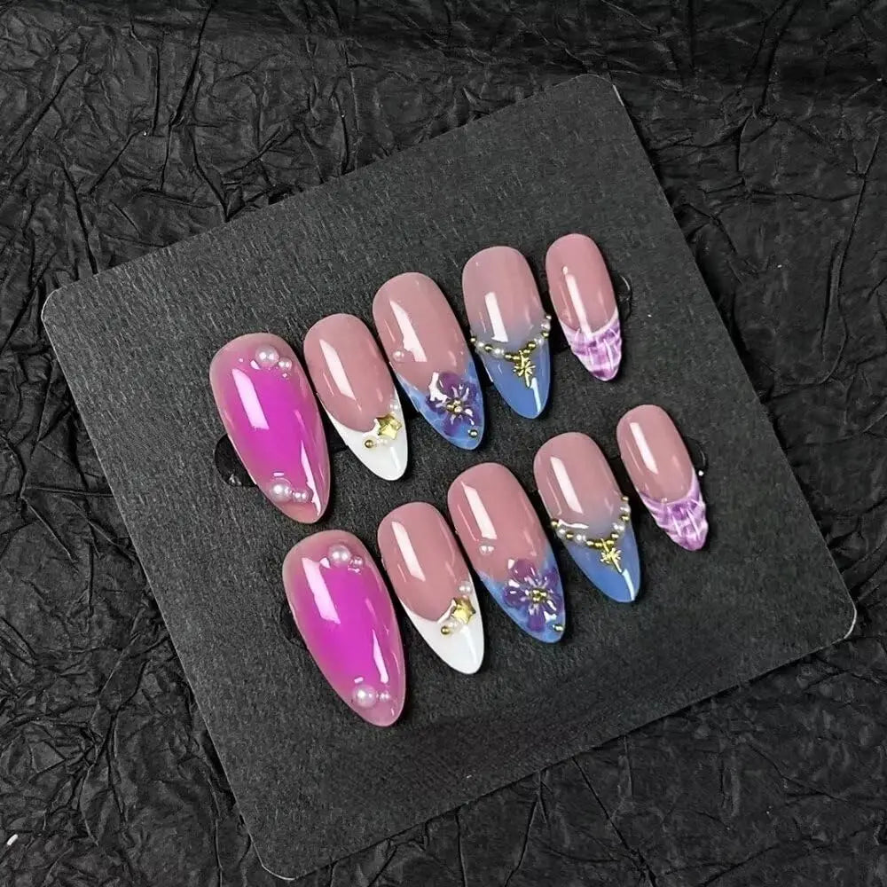 10Pcs Manicure Handmade Art Acyrlic Press on Nails Medium Almond Pattern ABS Nails Cute 3D Flower Style Design Nail with Set