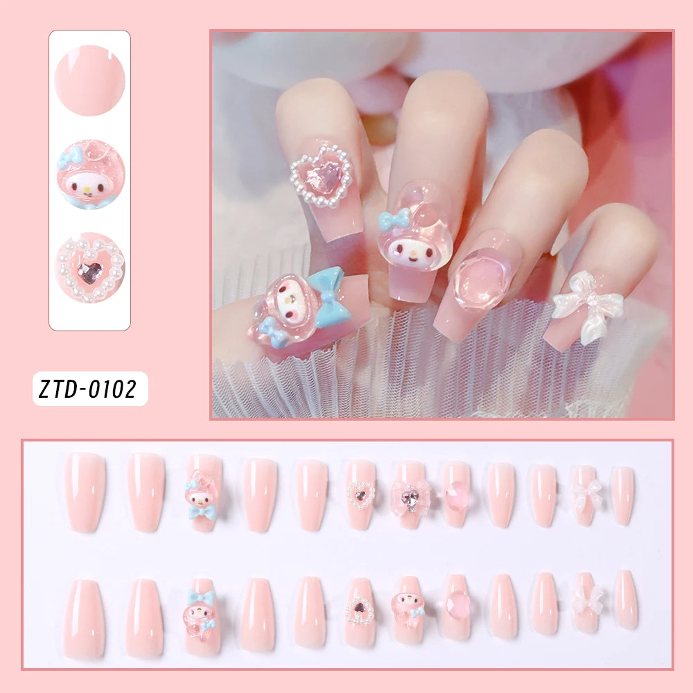 24Pcs Sanrio Blue Cinnamoroll Fake Nails Cute Anime Cartoon Kuromi My Melody press on False nails Fashion Nail Patches for Girls