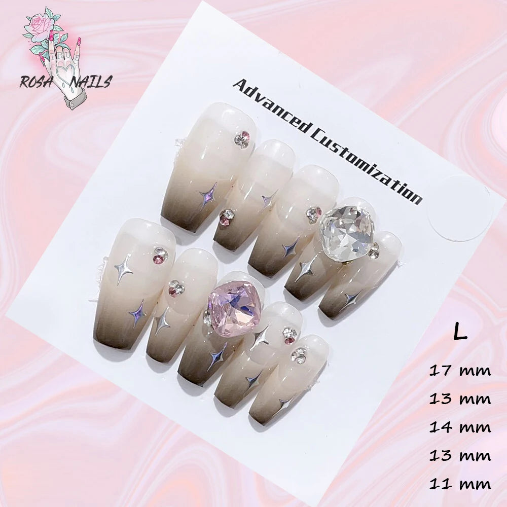 New Silver Star Press on Nails with Glue Handmade Flash Rhinestone Reusable Artificial Fake Tips Diamond Black Short False Nails