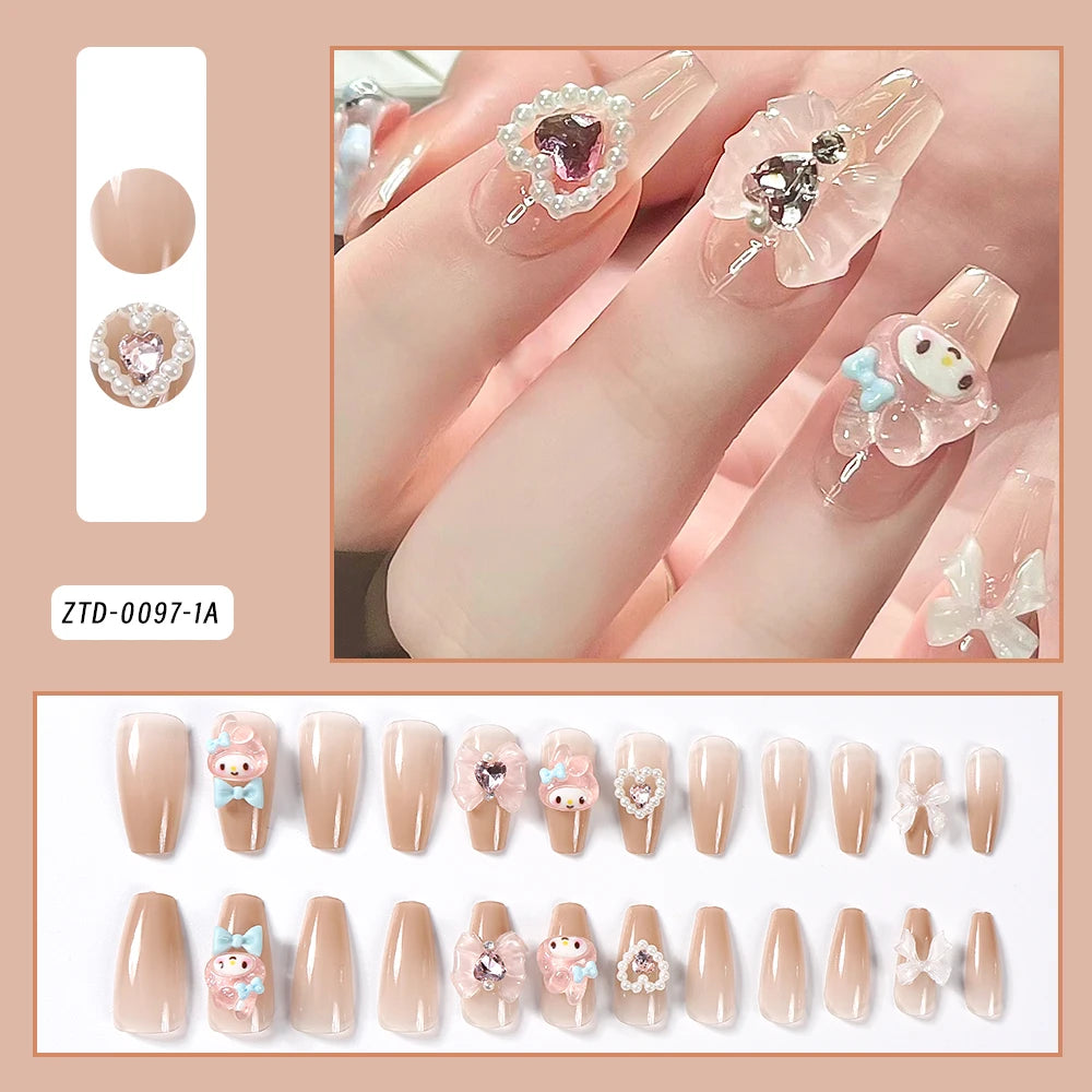 24Pcs Sanrio Blue Cinnamoroll Fake Nails Cute Anime Cartoon Kuromi My Melody press on False nails Fashion Nail Patches for Girls