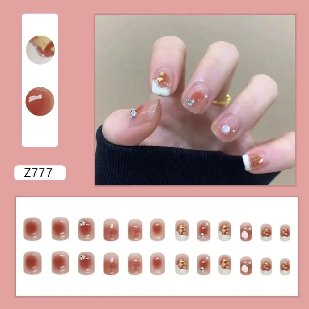 24pcs Short Round False Nails French Blue Sparkling Pearl White Wavy Love Heart Full Cover Detachable Press On Nail Tips