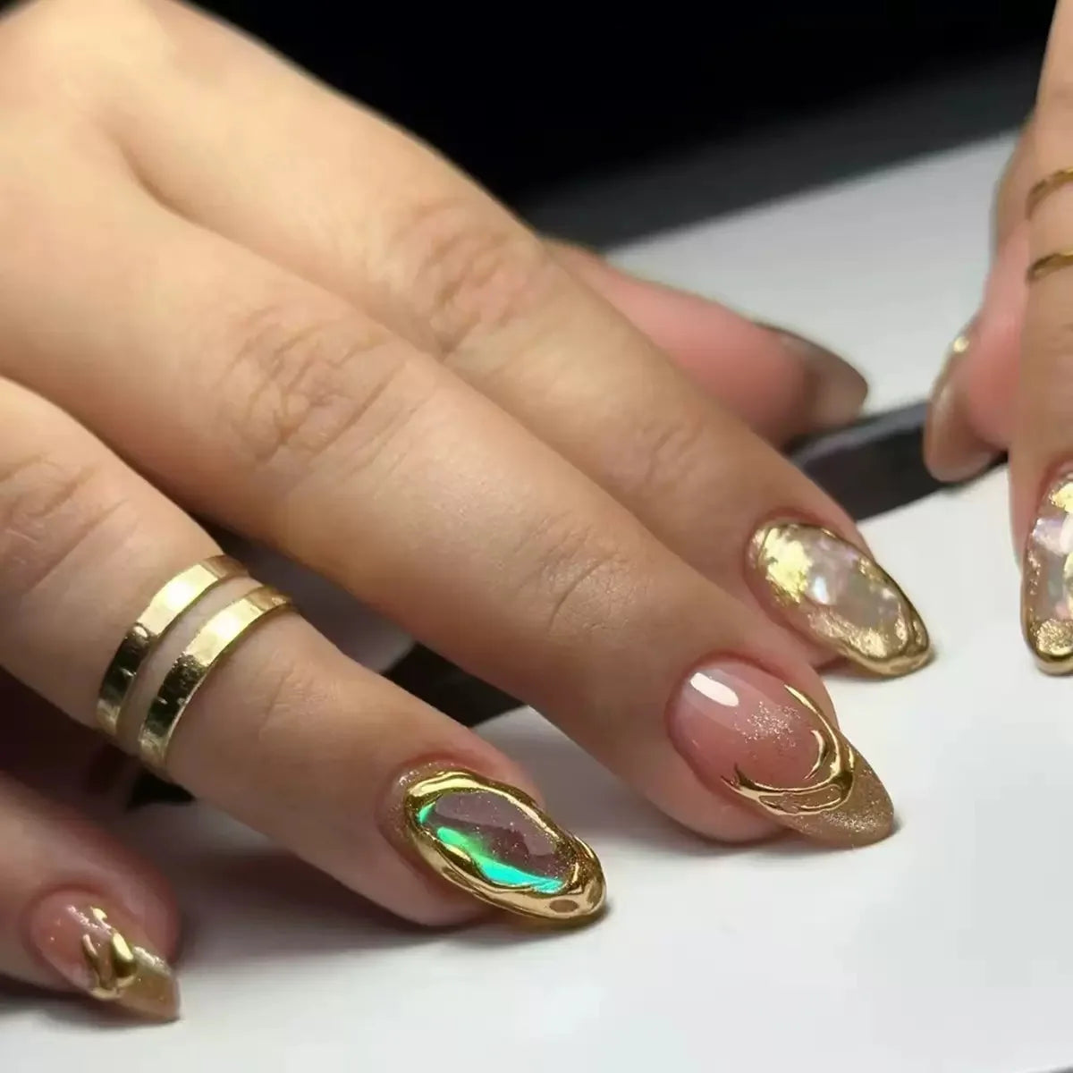 24Pcs Simple Dark Green Long 3D Press on Almond False Nails Wearable Finished Fingernails Nail Art