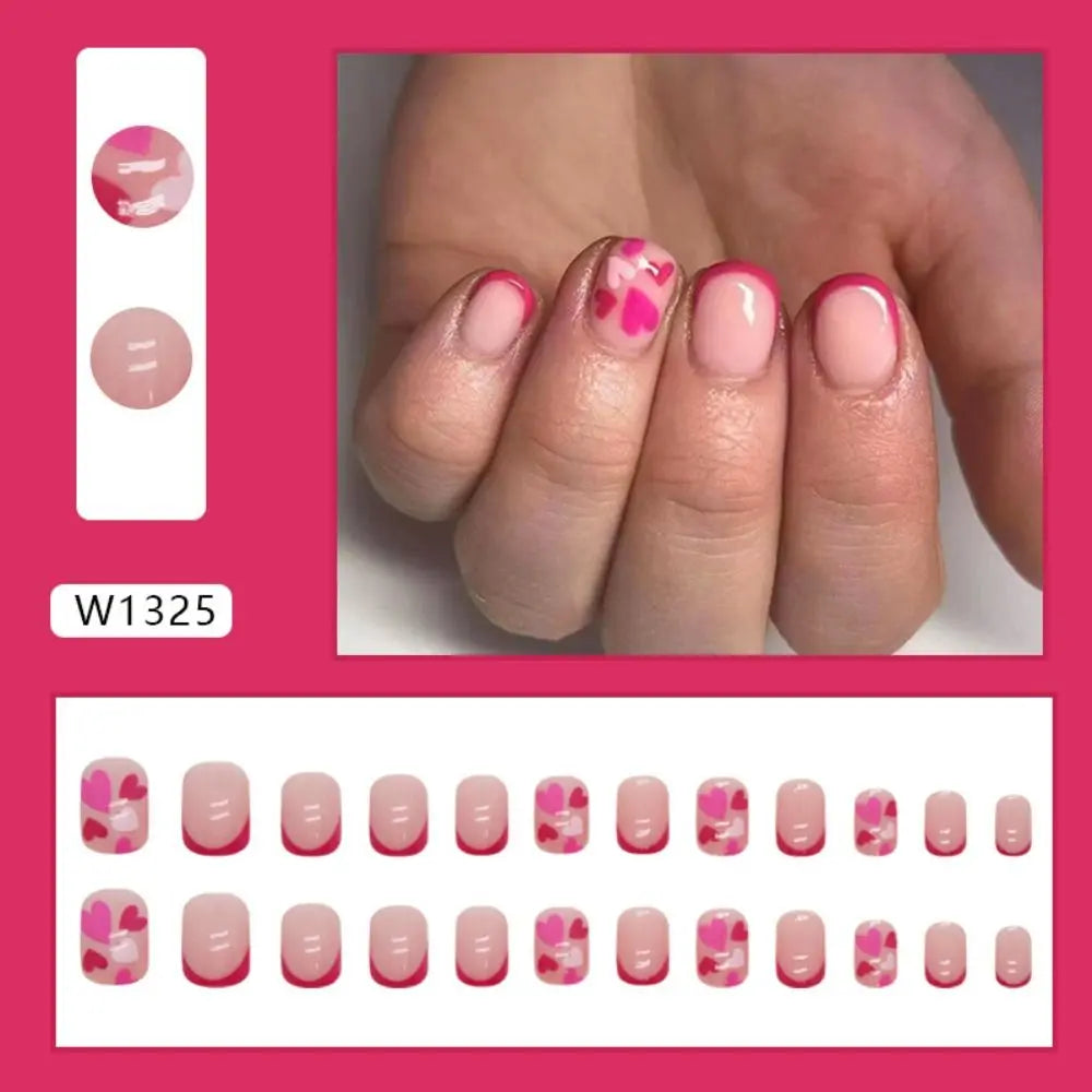 24pcs Short Round False Nails French Blue Sparkling Pearl White Wavy Love Heart Full Cover Detachable Press On Nail Tips