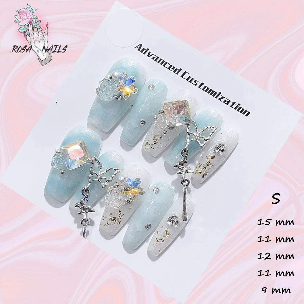New Silver Star Press on Nails with Glue Handmade Flash Rhinestone Reusable Artificial Fake Tips Diamond Black Short False Nails