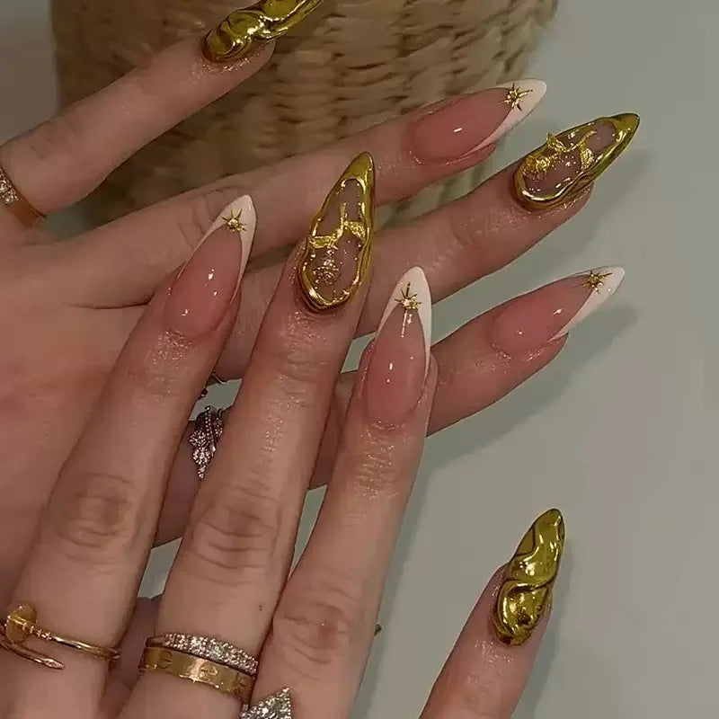 24Pcs Simple Dark Green Long 3D Press on Almond False Nails Wearable Finished Fingernails Nail Art