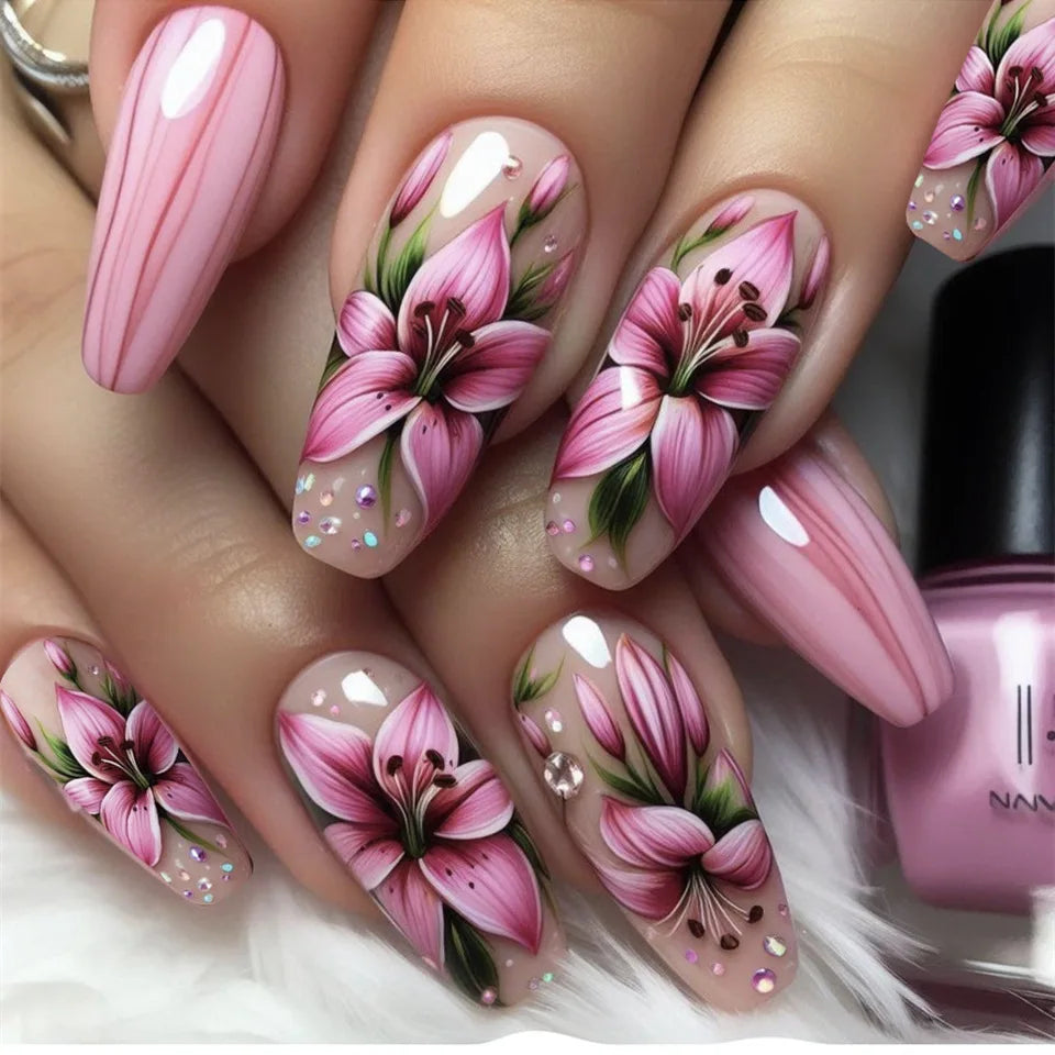 24Pcs Mini Flower Press on Nails Short Square False Nail Gradient Glitter Floral Fake Nail French Nails Press Ons Sweet Nail Art