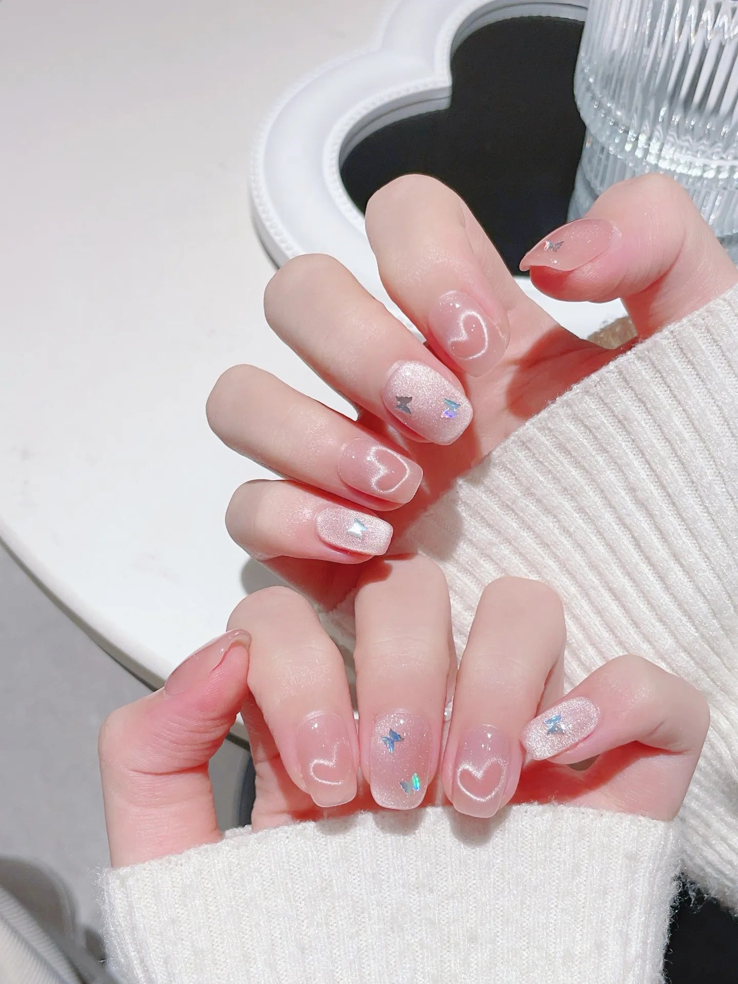 10pcs/set Handmade Dreamy Blue Press-On Nails Short Ballet Shape Gradient & Ombre Design Glossy Finish Removable False Nail Tips