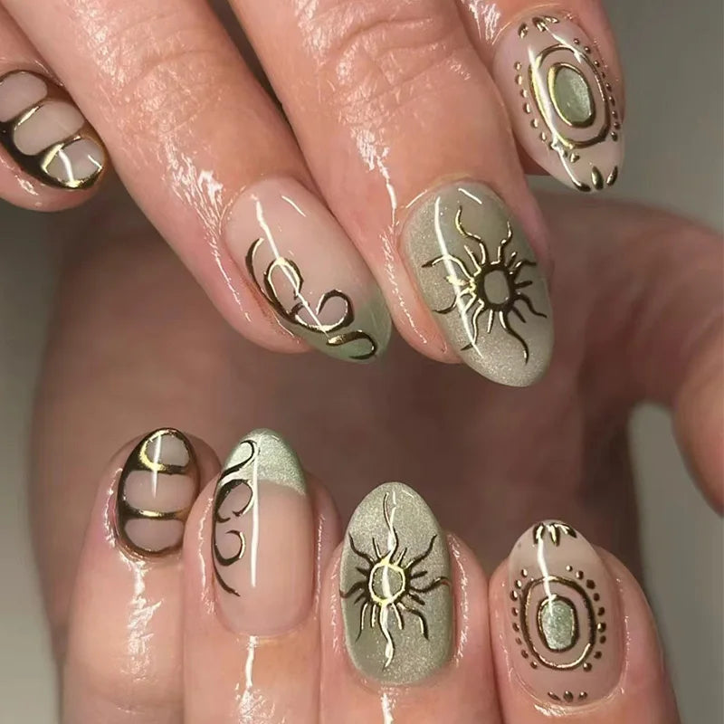 24Pcs Simple Dark Green Long 3D Press on Almond False Nails Wearable Finished Fingernails Nail Art