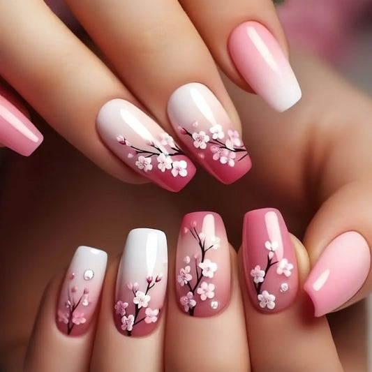 24Pcs Mini Flower Press on Nails Short Square False Nail Gradient Glitter Floral Fake Nail French Nails Press Ons Sweet Nail Art