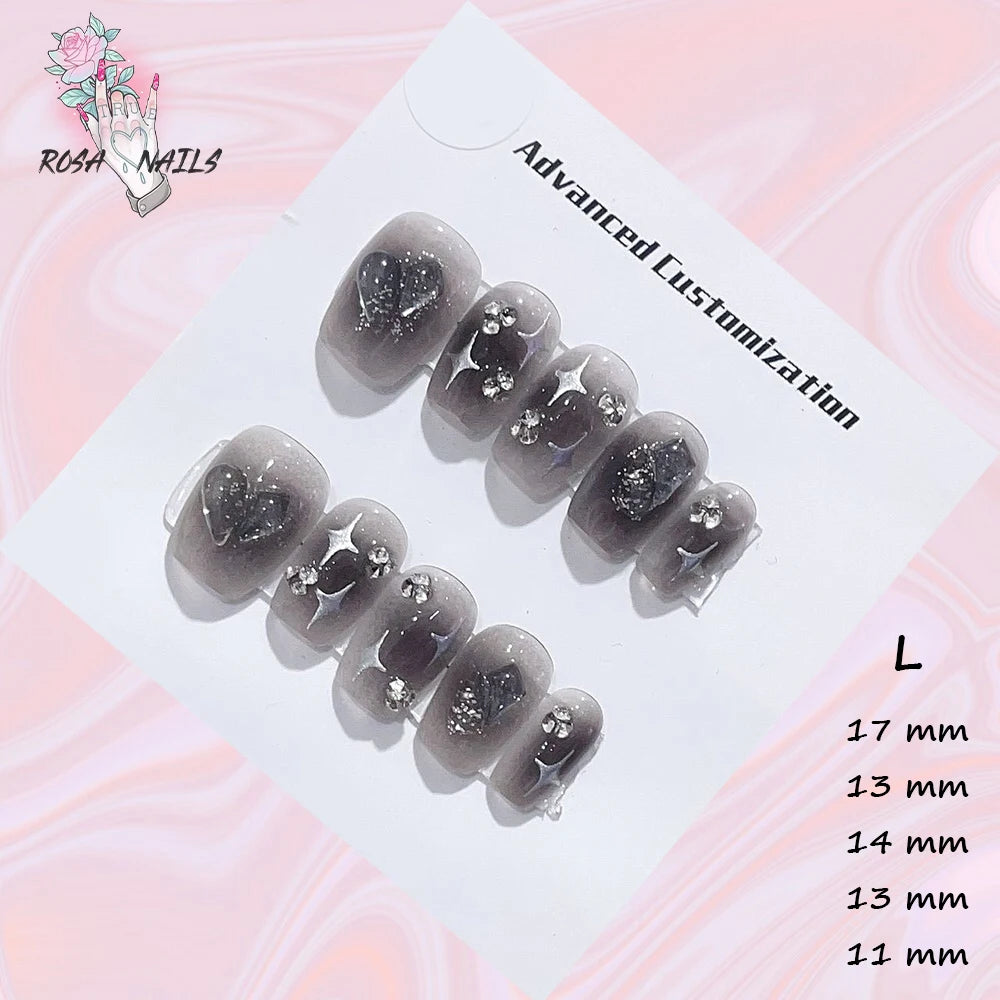 New Silver Star Press on Nails with Glue Handmade Flash Rhinestone Reusable Artificial Fake Tips Diamond Black Short False Nails