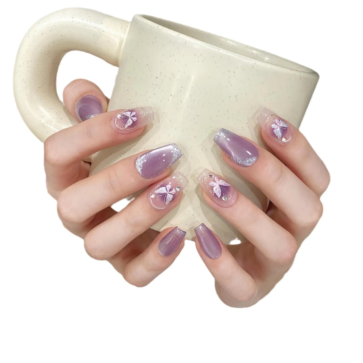 10Pcs Ballerina Full Cover Nail Tips Long Coffin Handmade False Nails with Butterfly Design Purple Wearable Fake Nail Press On