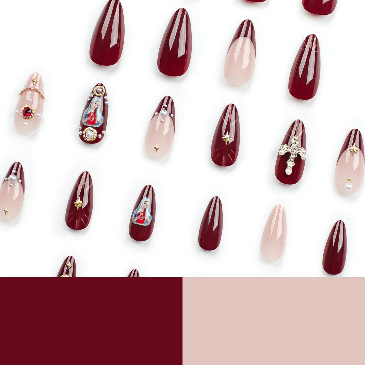 24pcs Baroque Style False Nails with Gold Moon Star Design Almond Fake Nail Patches Wearable Heavy Metal French Press on Nails