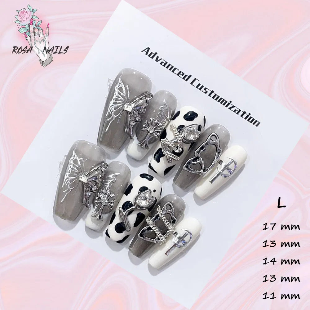 New Silver Star Press on Nails with Glue Handmade Flash Rhinestone Reusable Artificial Fake Tips Diamond Black Short False Nails