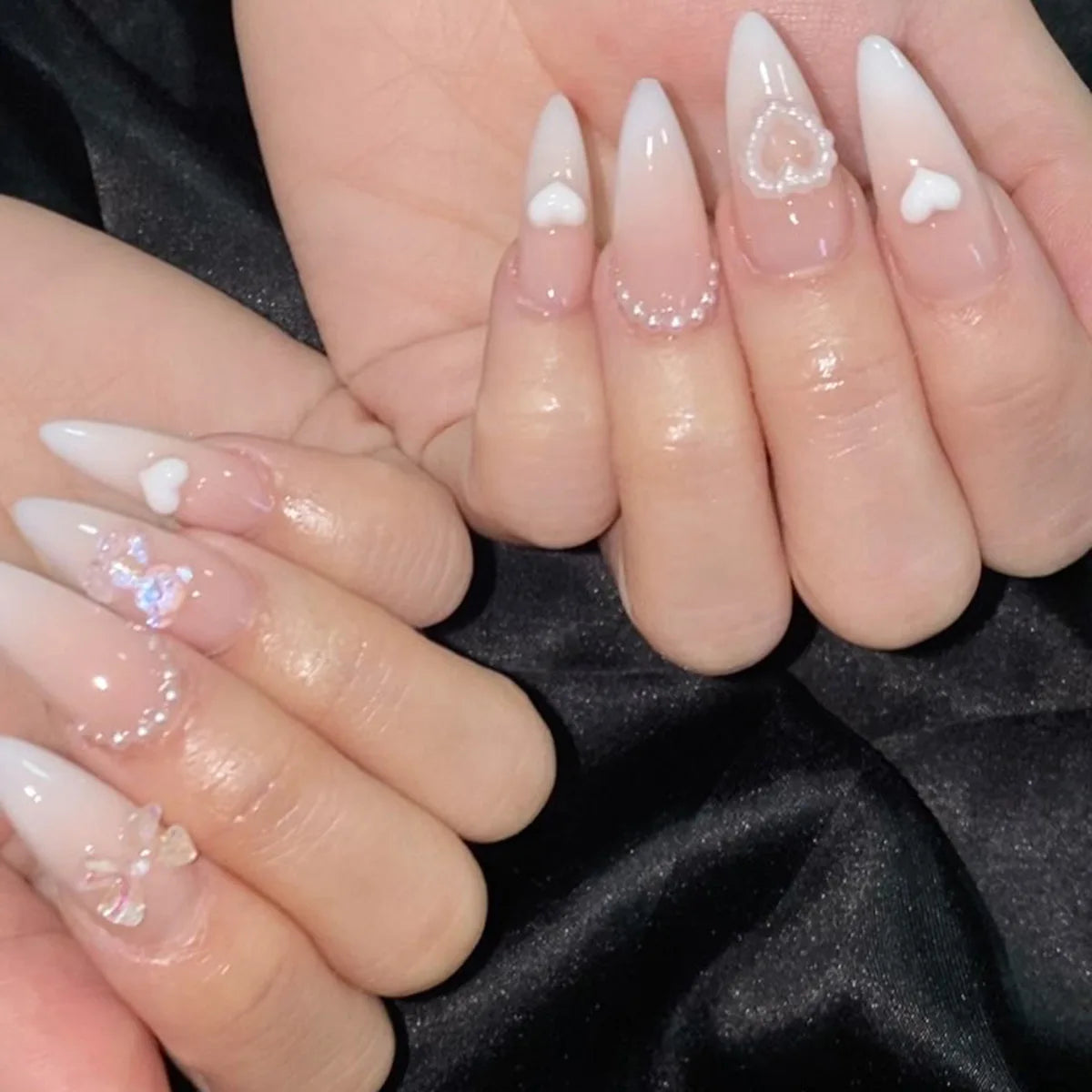 24Pcs Pink Cloud Sweet Star Moon Acrylic Nails Press on Almond Wearable Full Cover False Nails Art Tips Fingernail Beauty