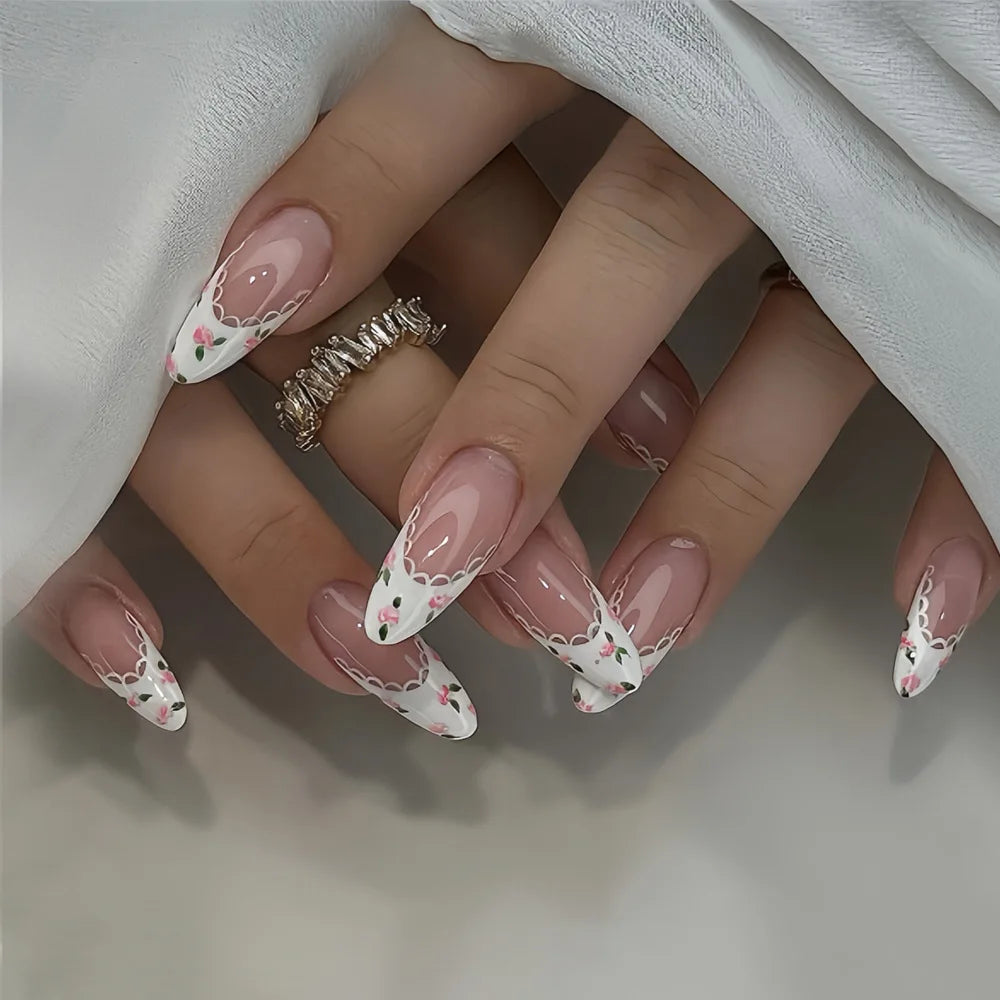 24pcs Almond Press on Nails French False Nails Wearable Stick-on Nails Fake Nail Uñas Postizas Накладные Ногти 네일팁 Faux Ongles