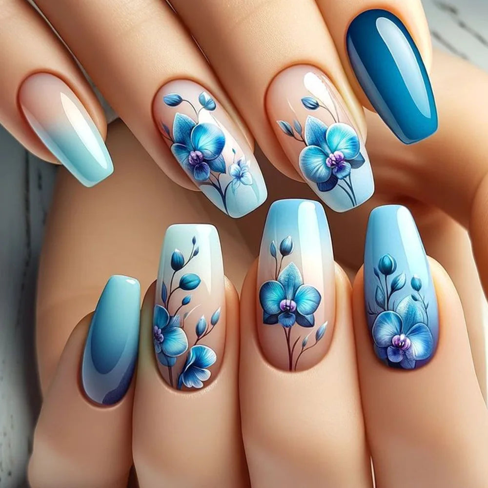 24Pcs Mini Flower Press on Nails Short Square False Nail Gradient Glitter Floral Fake Nail French Nails Press Ons Sweet Nail Art