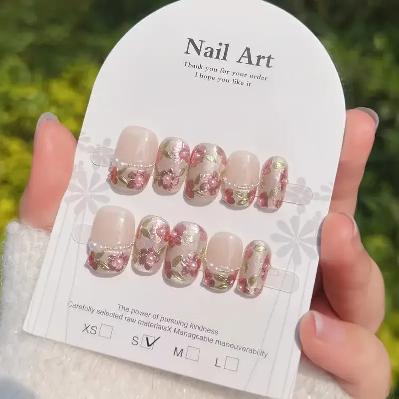10Pcs/Set Press On Acyrlic Ice Cat's Eye Handmade Fake Nails Short/Medium Almond 3D Mirror Flower Pearls Decor Nude French Nails