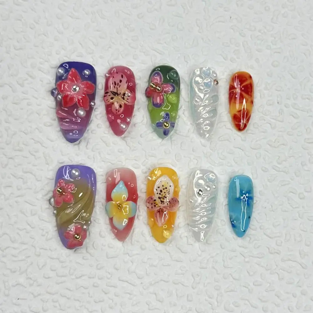 10Pcs Manicure Handmade Art Acyrlic Press on Nails Medium Almond  Pattern ABS Nails Cute 3D Flower Style Design Nail with Set