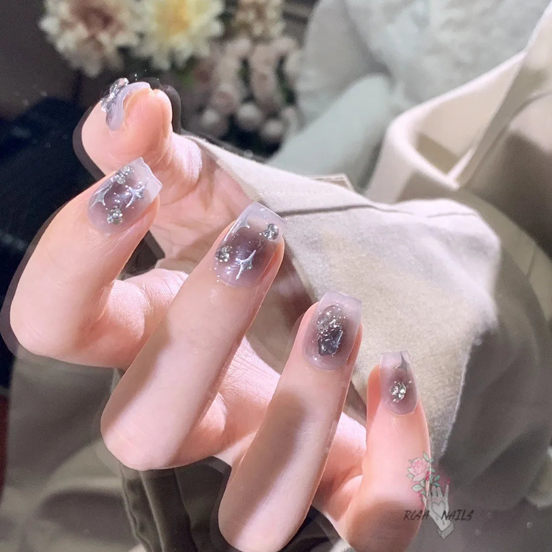 New Silver Star Press on Nails with Glue Handmade Flash Rhinestone Reusable Artificial Fake Tips Diamond Black Short False Nails