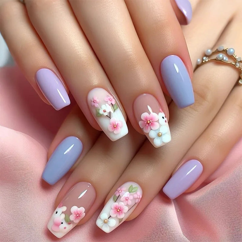 24Pcs Mini Flower Press on Nails Short Square False Nail Gradient Glitter Floral Fake Nail French Nails Press Ons Sweet Nail Art