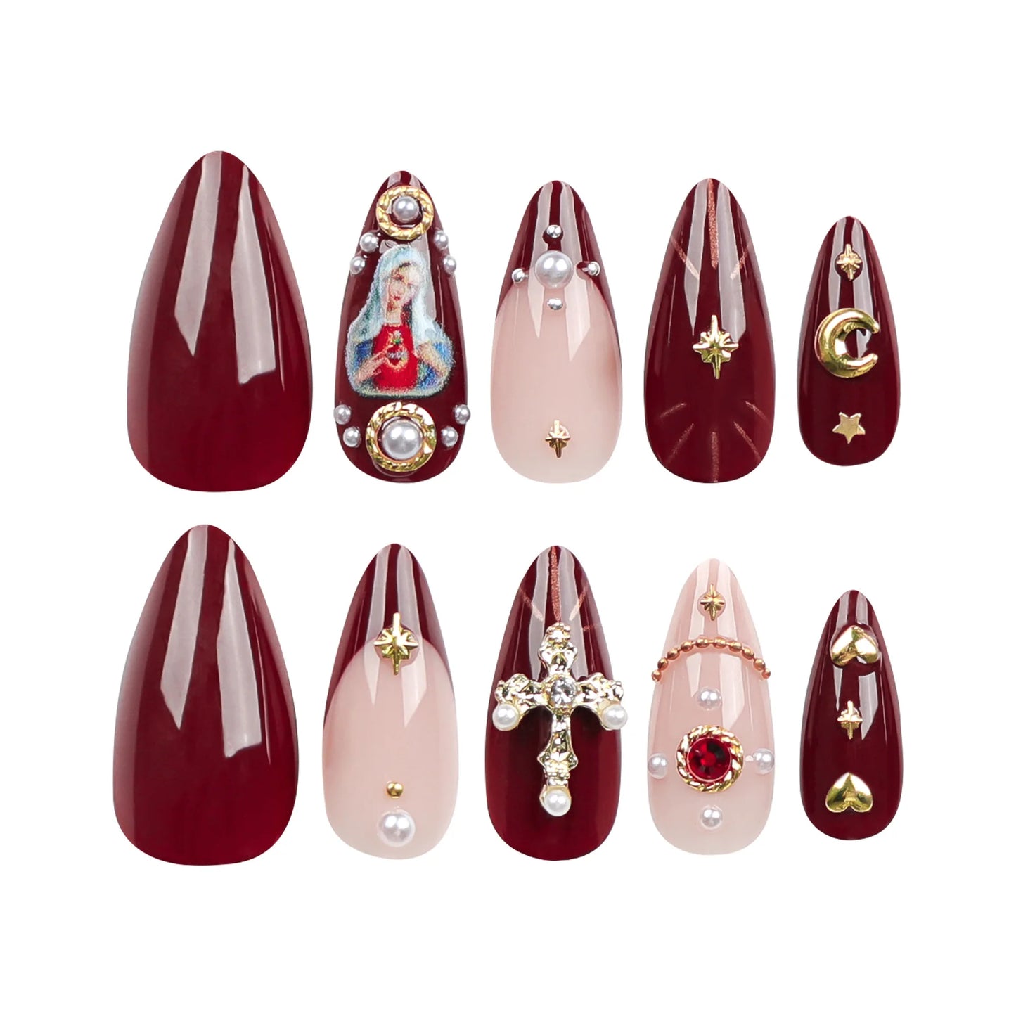 24pcs Baroque Style False Nails with Gold Moon Star Design Almond Fake Nail Patches Wearable Heavy Metal French Press on Nails