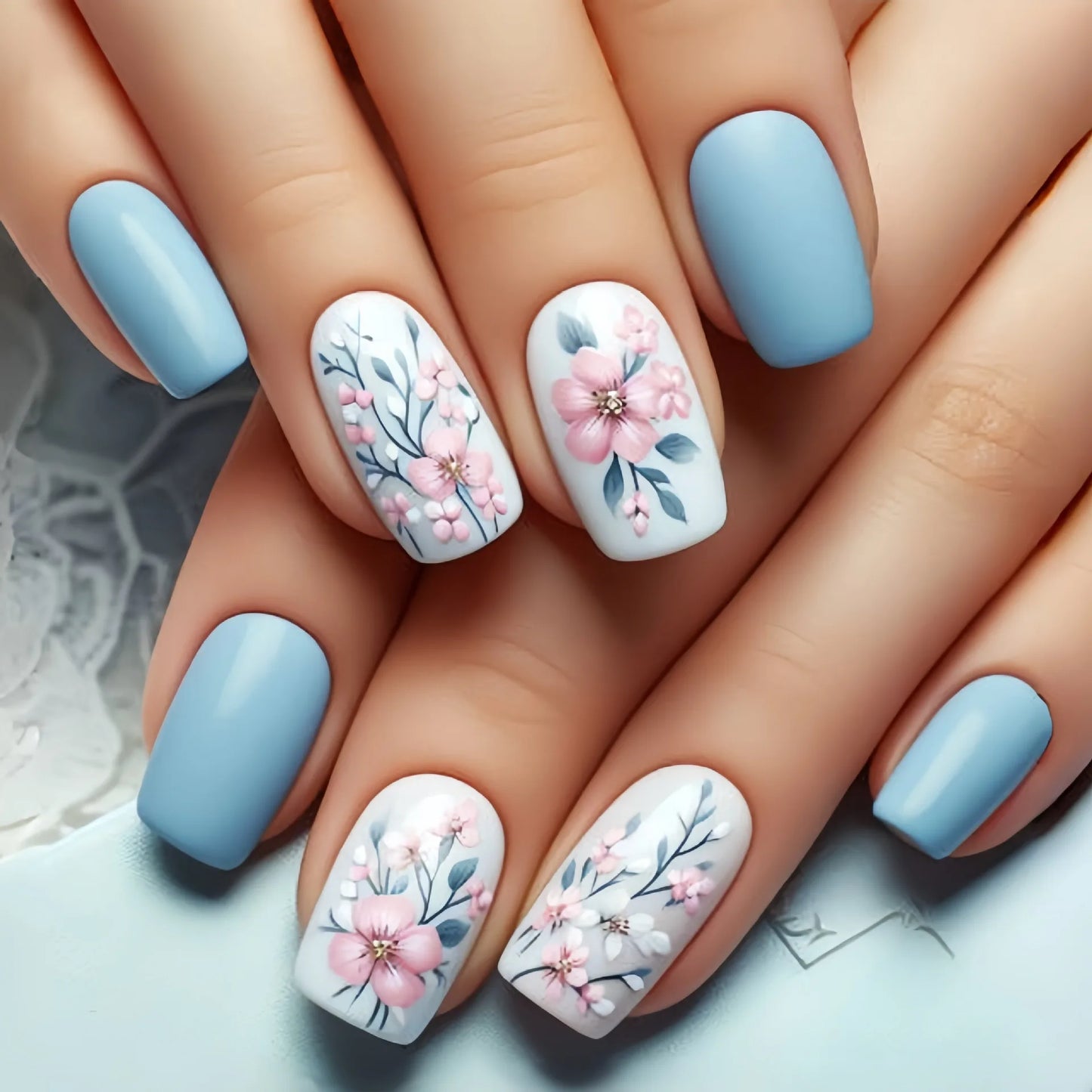 24Pcs Mini Flower Press on Nails Short Square False Nail Gradient Glitter Floral Fake Nail French Nails Press Ons Sweet Nail Art
