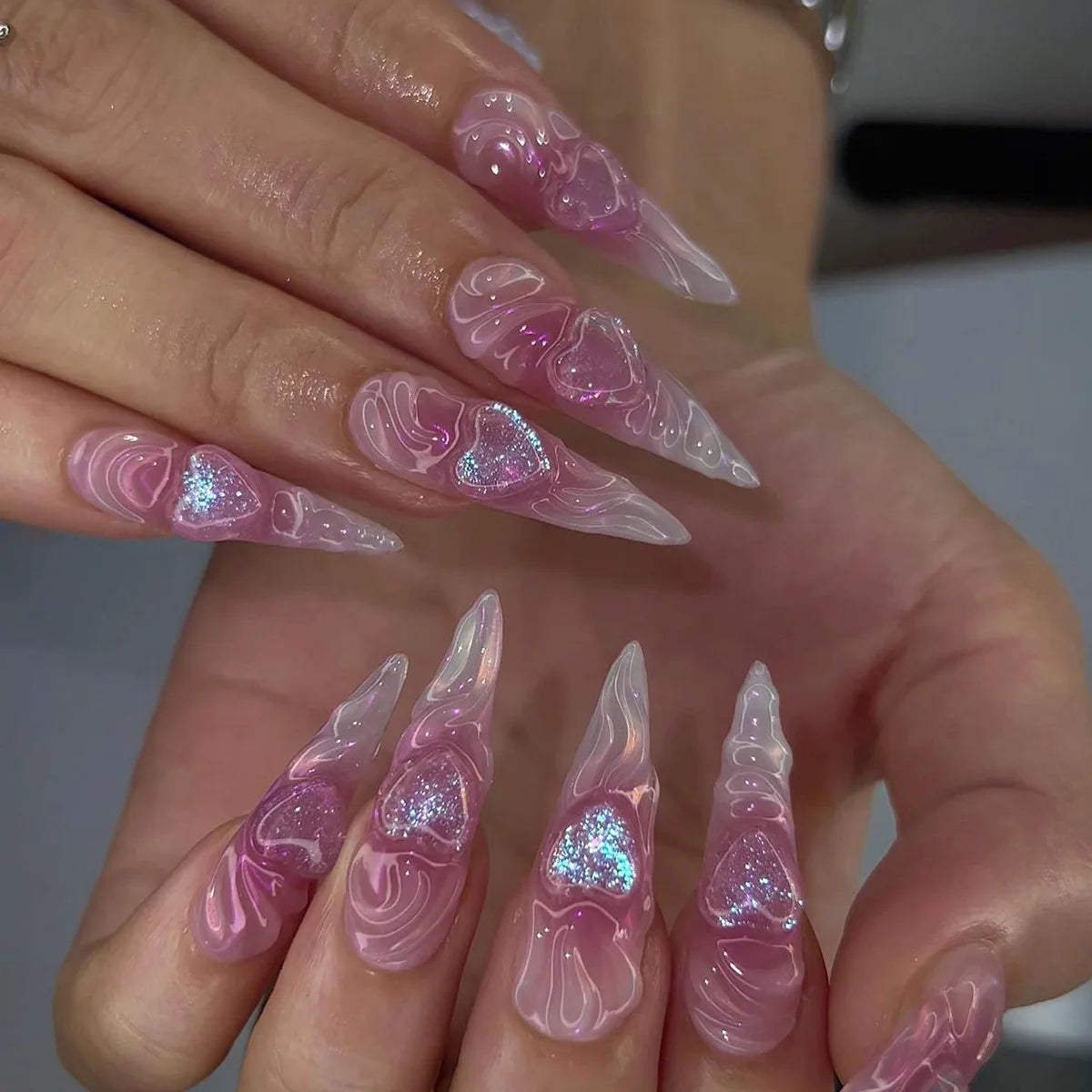 24pcs Baroque Style False Nails with Gold Moon Star Design Almond Fake Nail Patches Wearable Heavy Metal French Press on Nails