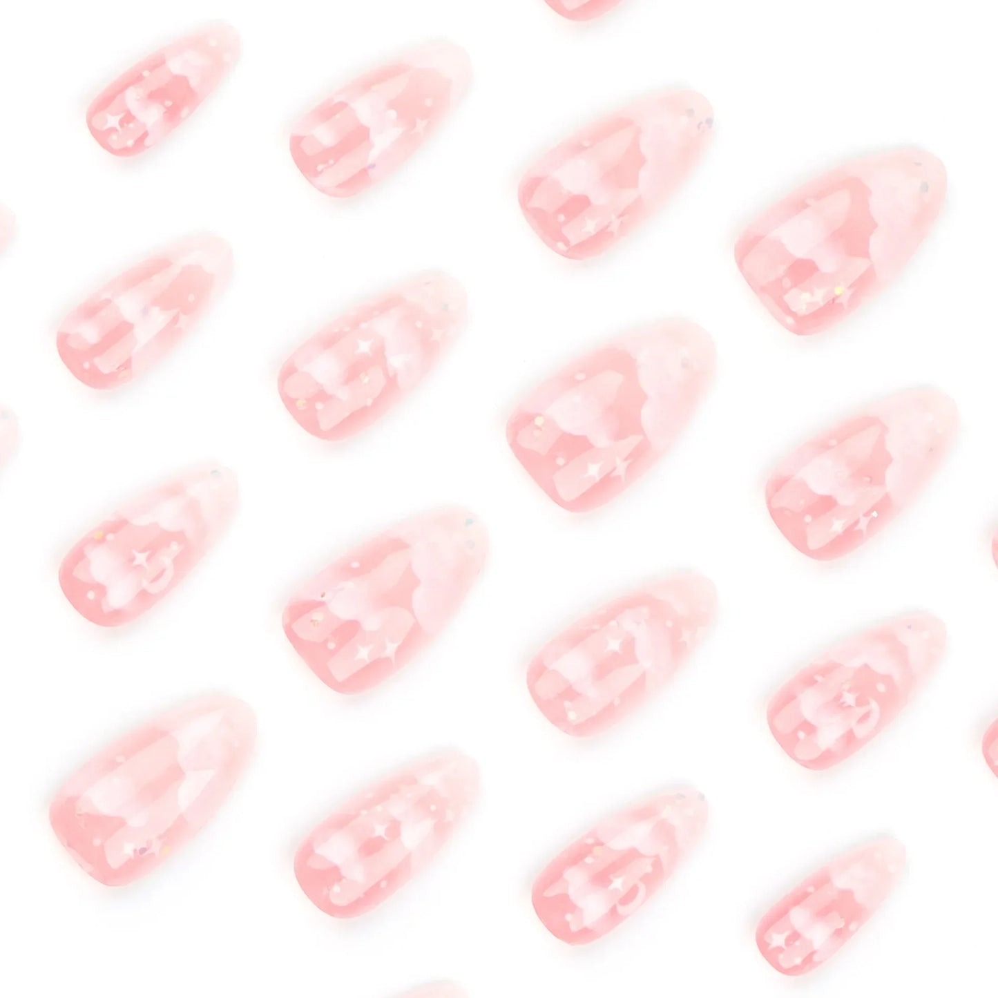 24Pcs Pink Cloud Sweet Star Moon Acrylic Nails Press on Almond Wearable Full Cover False Nails Art Tips Fingernail Beauty