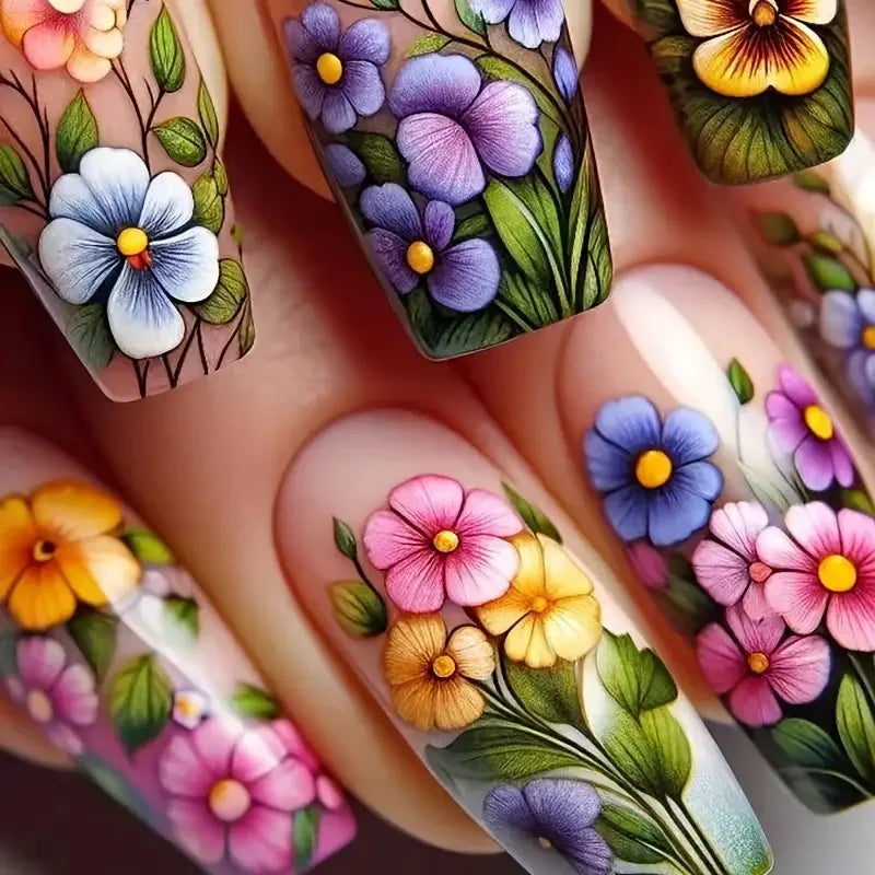 24Pcs Mini Flower Press on Nails Short Square False Nail Gradient Glitter Floral Fake Nail French Nails Press Ons Sweet Nail Art