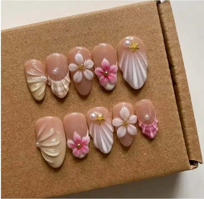10Pcs Manicure Handmade Art Acyrlic Press on Nails Medium Almond  Pattern ABS Nails Cute 3D Flower Style Design Nail with Set